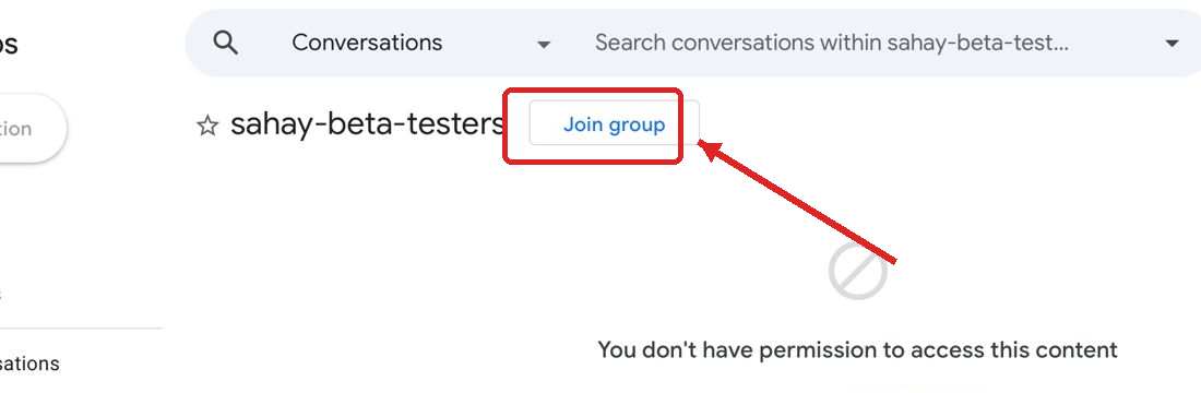 Google Groups page for sahay-beta-testers showing the Join group button