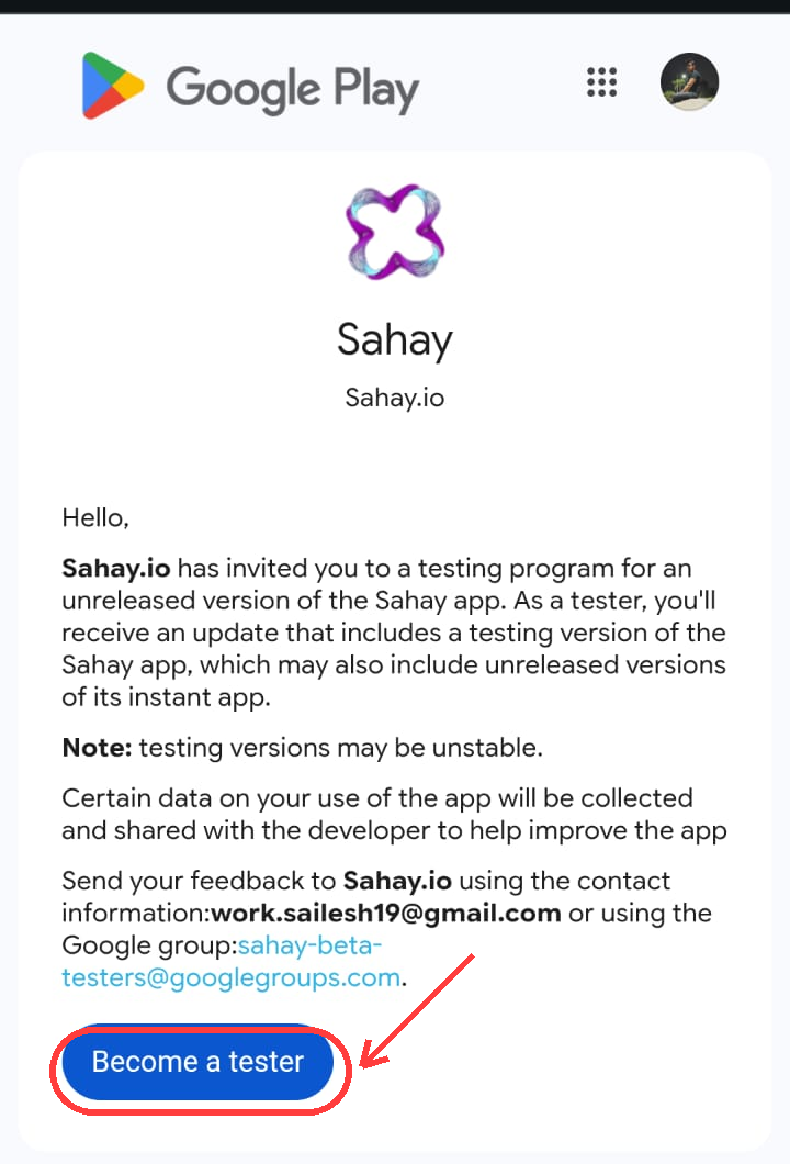 Play Store testing program page with the Become a tester button highlighted
